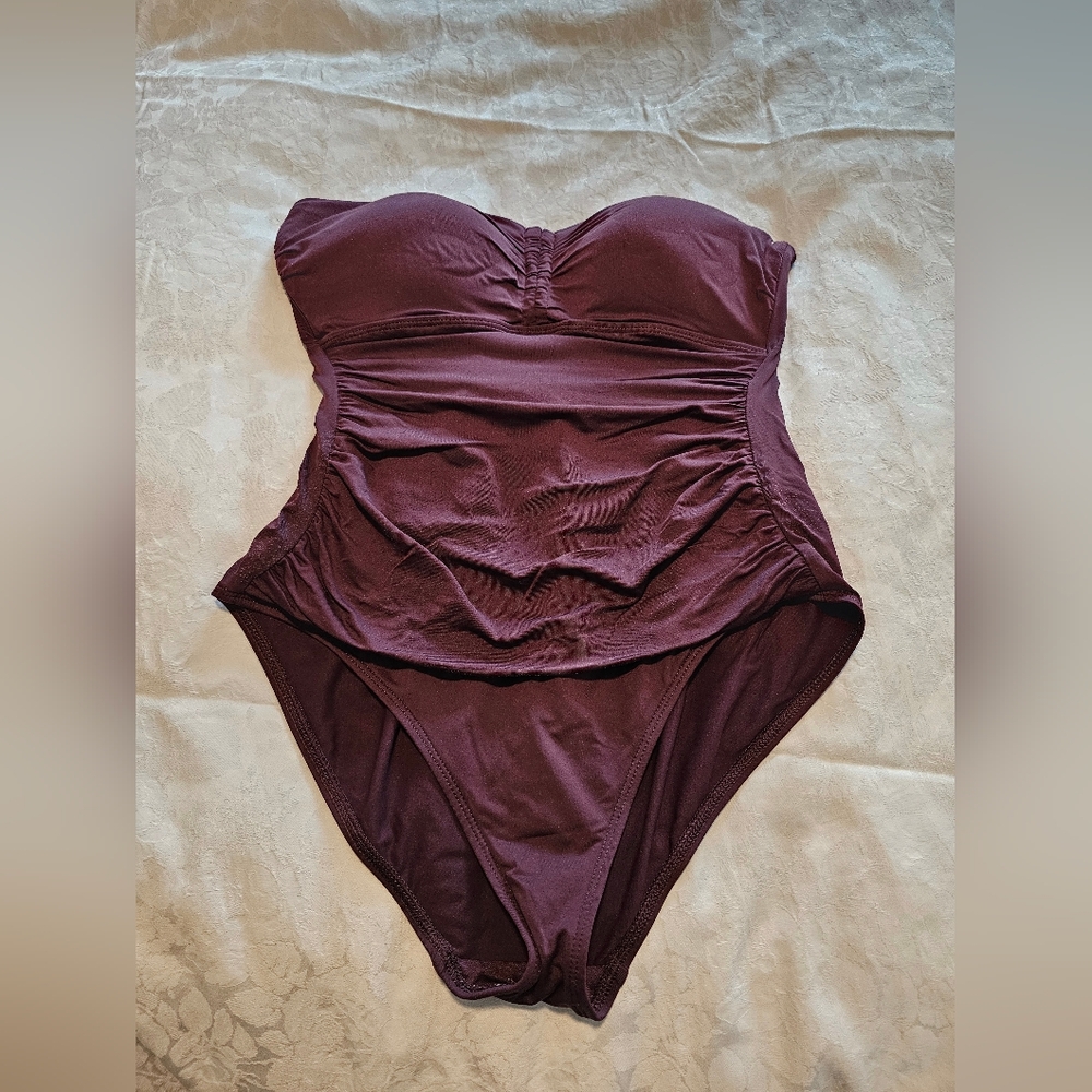 Strapless Ruched One-Piece Swimsuit in Deep Plum